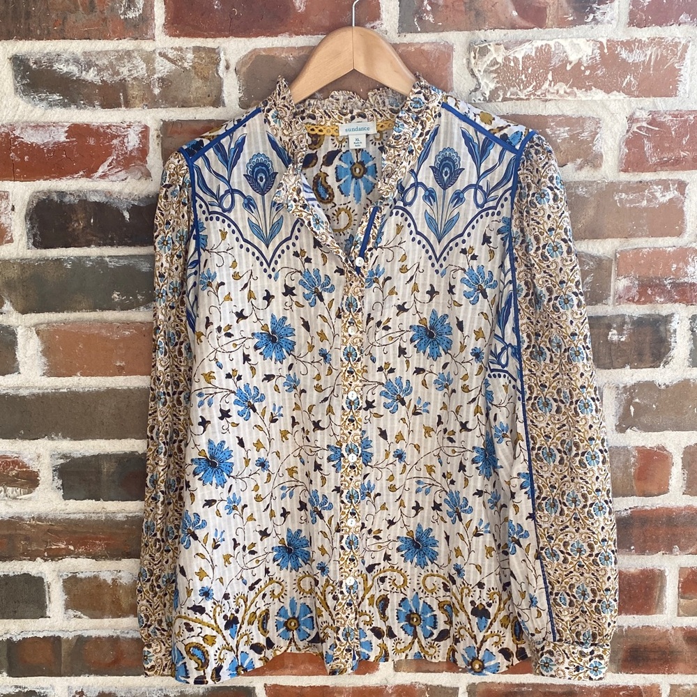 Boho Printed Button-Front Blouse - Blue & Cream